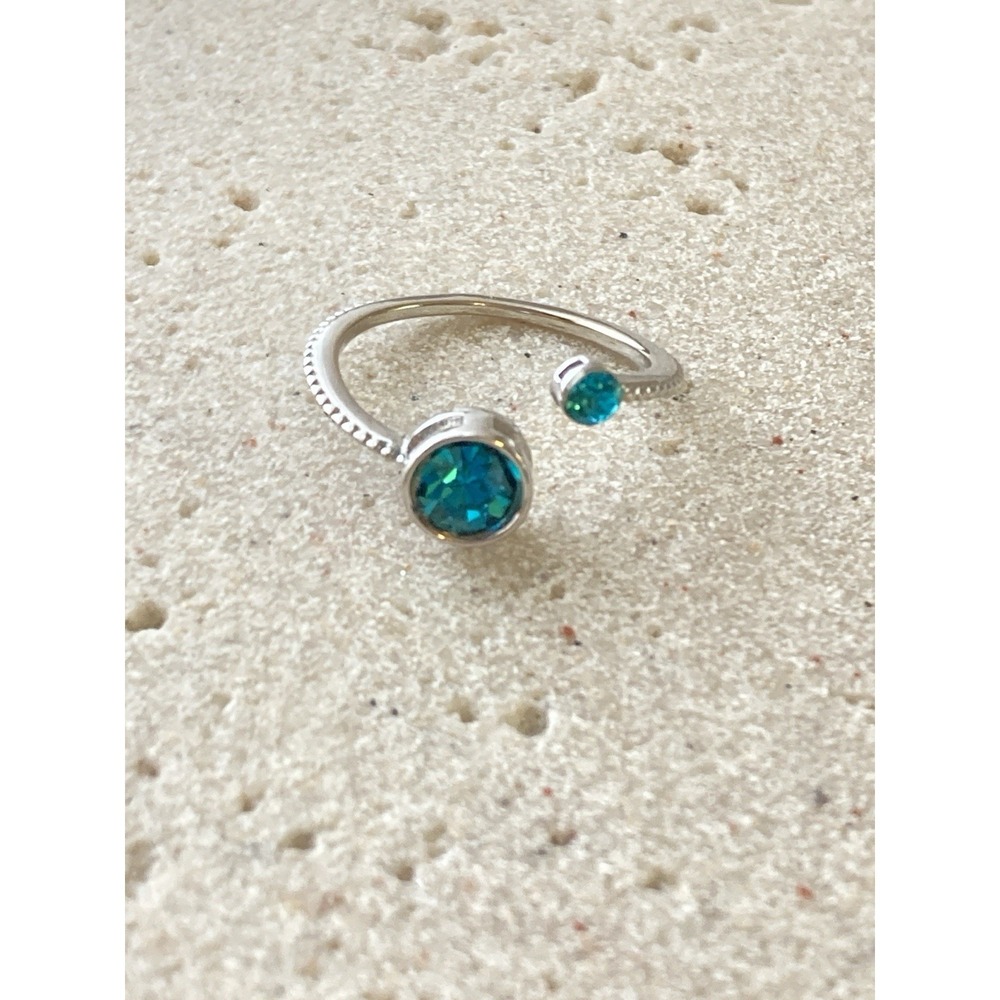 Silver Tone Open Bypass Ring‎ Teal Green Crystal Adjustable Whimsical Romantic